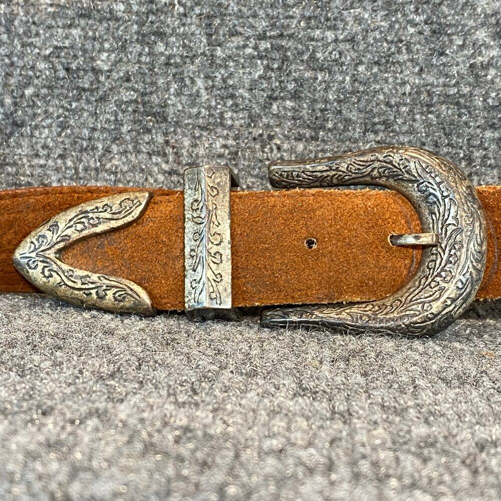 VTG Vermillion Brown Suede Leather Western Belt Silver Engraved Buckle Womens M